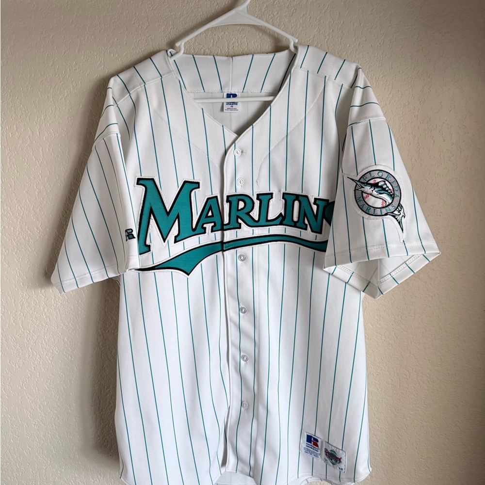 Russell Athletic White and Teal Pinstripe Jersey